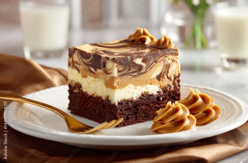 Poster decadent chocolate and vanilla layered dessert with creamy swirls and garnish on a white plate with 
