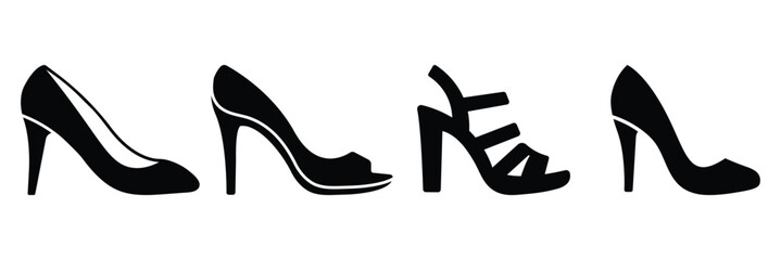 High heels icon set, high heel shoe silhouette, female high heels shoes vector icon isolated on white background, women high heels, high heel icon vector. 