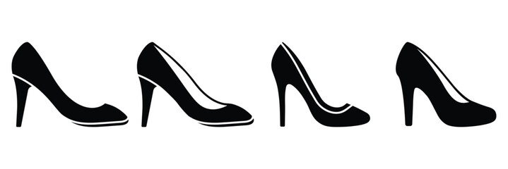 High heels icon set, high heel shoe silhouette, female high heels shoes vector icon isolated on white background, women high heels, high heel icon vector. 