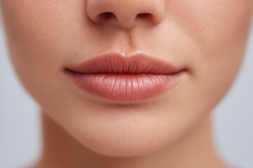 Obraz premium Close-up beauty portrait highlighting naturally full lips with soft contours and smooth texture against a gentle backdrop showcasing skin health and cosmetic elegance