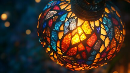 Obraz premium Close-up view of a colorful stained glass globe light fixture.