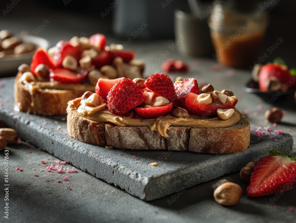 Poster delicious and nutritious peanut butter toast with fresh strawberries and hazelnuts on a rustic slate