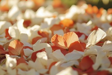 Close-up view of a mixture of orange and white flower petals.