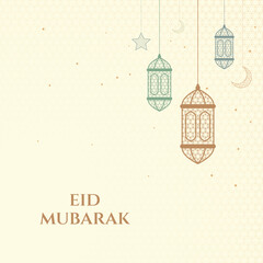 Islamic Festival or Eid Background with Hanging Islamic Lanterns, Stars, and Crescent Moon Garland