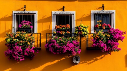Naklejka premium Bright orange building with three windows and flower-filled window boxes
