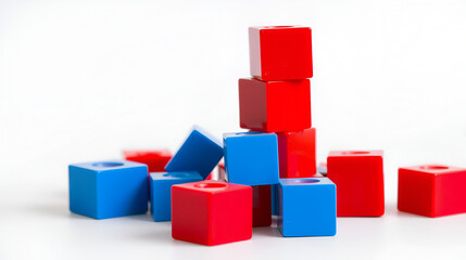 Obraz premium Red and blue toy blocks stacked unevenly on surface