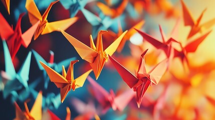 Colorful origami birds in a vibrant display.