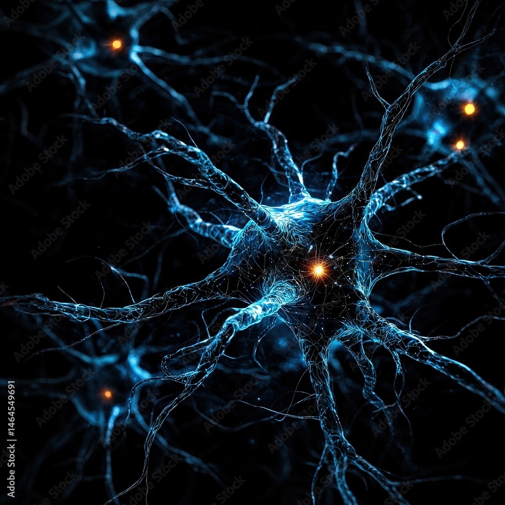 Poster artistic representation of neurons highlighting their complex structure and interconnections in biol