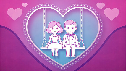 Romantic illustration of couple sitting on swing inside heart shaped frame, surrounded by smaller hearts on pink and purple gradient background