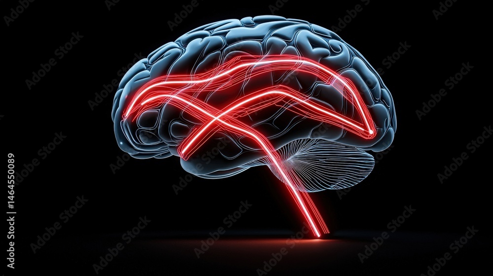 Poster artistic representation of a brain surrounded by a vibrant neon strip illustrating neural activity