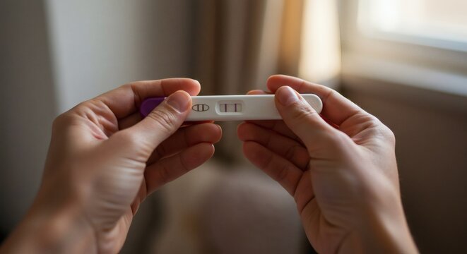 AI image Woman's hands gently holding a positive pregnancy test, revealing two lines, with a soft, hopeful window light behind.