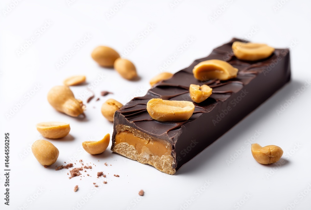 Poster delicious chocolate bar with caramel filling and peanuts isolated on white background displaying tem