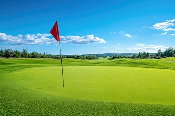 Sunny golf course with vibrant green fairway and red flag