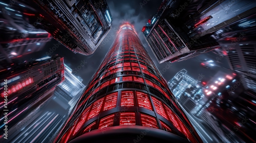 Poster captivating city view at night with striking red lights creating a unique and bold atmosphere
