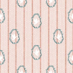 Vintage Doves in Floral Frames – Soft Pink Striped Seamless Pattern