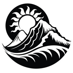 Black and white mountain shows sun rising over snow covered peaks