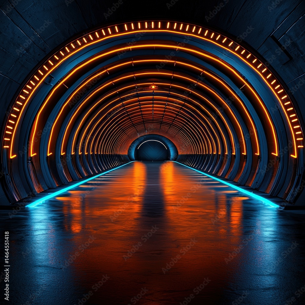 Poster captivating neon-lit tunnel leading to a mysterious destination with a colorful and dynamic ambiance