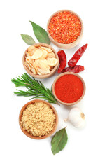 Different aromatic spices isolated on white, top view