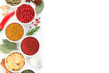 Different aromatic spices isolated on white, top view