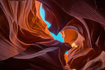 Obraz premium Visitors marvel at the stunning rock formations within Canyon, illuminated by sunlight streaming through the upper sections, showcasing deep orange and red hues against a bright blue sky