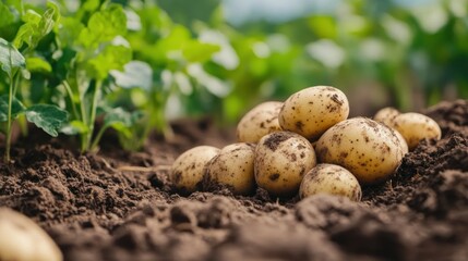 Freshly harvested potatoes lying on rich brown soil surrounded by vibrant green plants in a farm field