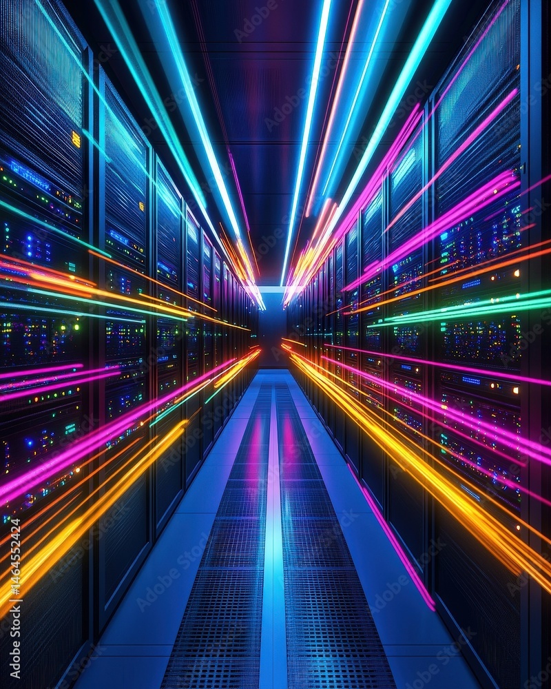 Poster vibrant server room featuring colorful lights enhancing the high-tech environment of data storage