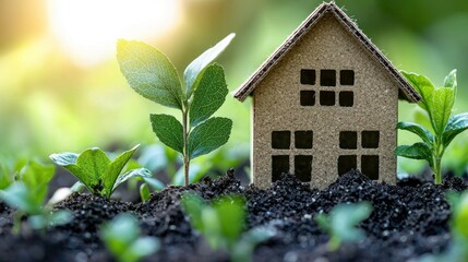 Miniature house model on soil with young plants, symbolizing sustainable living