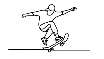 Simple one line drawing of a teenager in a skateboard jump. . Transparent background png file.