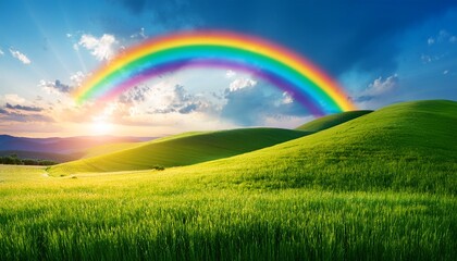 illustration of summer fields landscape with a dawn rainbow green grass hills bright color blue sky country background banner resting vacation