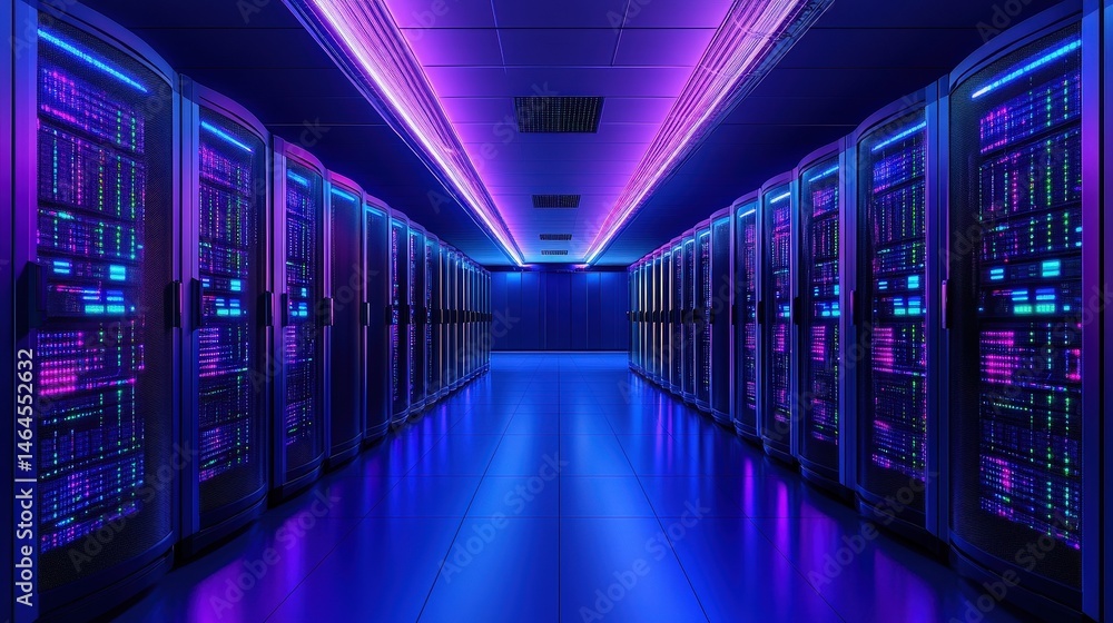 Poster organized server room with multiple rows of servers for optimal data management and connectivity