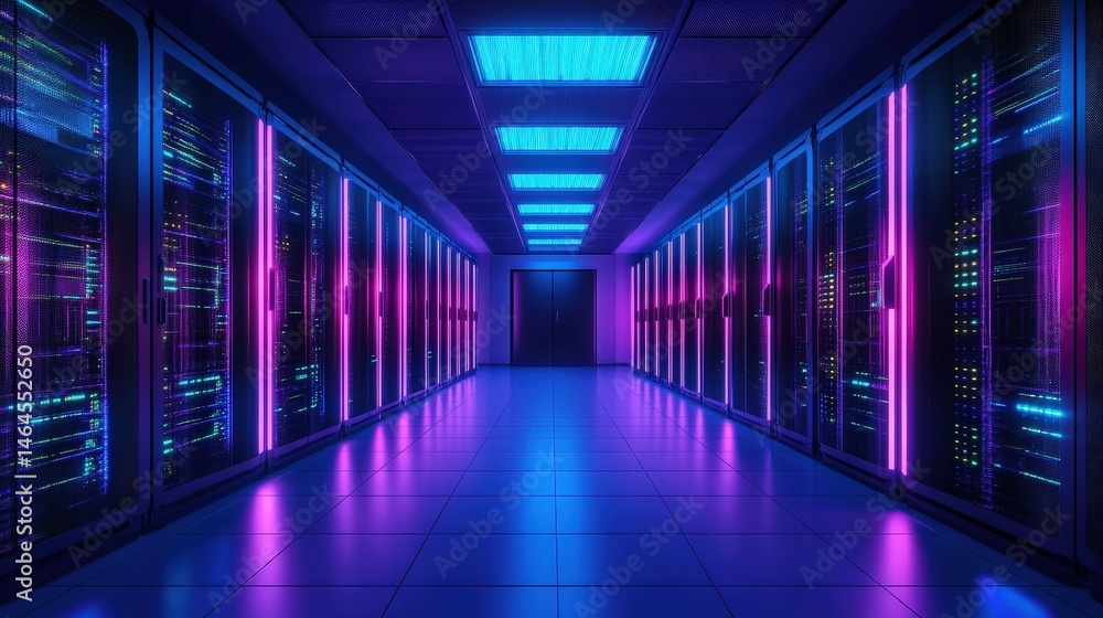 Poster organized server room with multiple rows of servers for optimal data management and connectivity