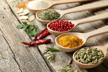 Different aromatic spices in spoons on wooden table, closeup