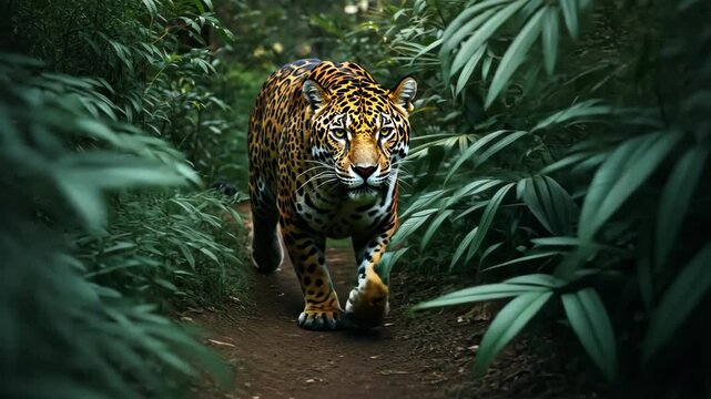 Jaguar prowling through a lush green jungle
