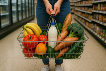 A customer holding a metal shopping basket filled with assorted groceries in a brightly lit supermarket aisle