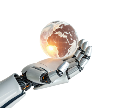 Futuristic AI robotic hand holding a glowing digital earth globe on a transparent background png artificial intelligence concept