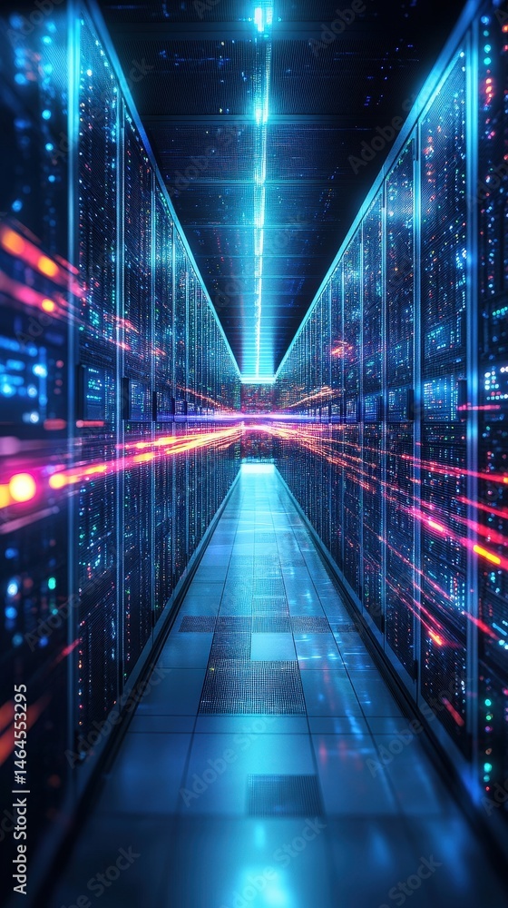 Poster high-tech server room with multiple servers highlighting modern computing technology and infrastruct