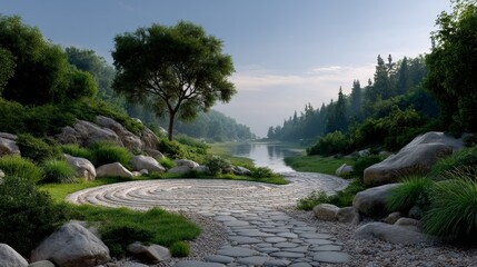 A Serene Stone Path Leading to a Peaceful Lake Embraced by Nature's Tranquil Trees for Mindfulness and Personal Reflection Journey