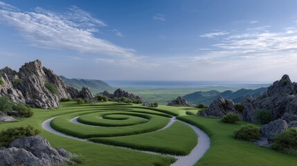 Exploring the Inner Journey through a Spiral Path in a Grassy Field: A Mindful Search for Meaning, Peace, and New Beginnings in Life