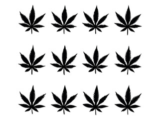 Set of Dark Green black Cannabis Leaves Icons marijuana, cannabis, marijuana, leaf, leaves, green, dark green, black, silhouette, icon, icons, set, graphic, design, Black Silhouette Cannabis Leaves.