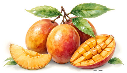 Realistic watercolor-style illustration of ripe mangoes with green leaves, including sliced and cubed pieces on a white background.