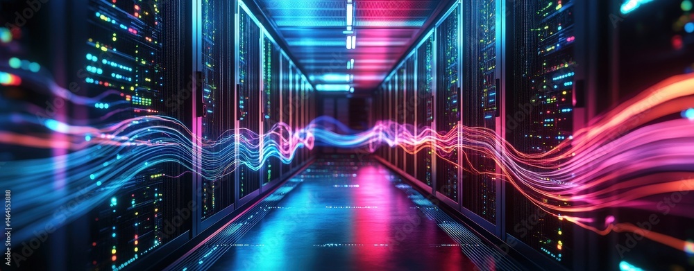 Poster high-tech server room illuminated by colorful lights showcasing modern equipment and digital network