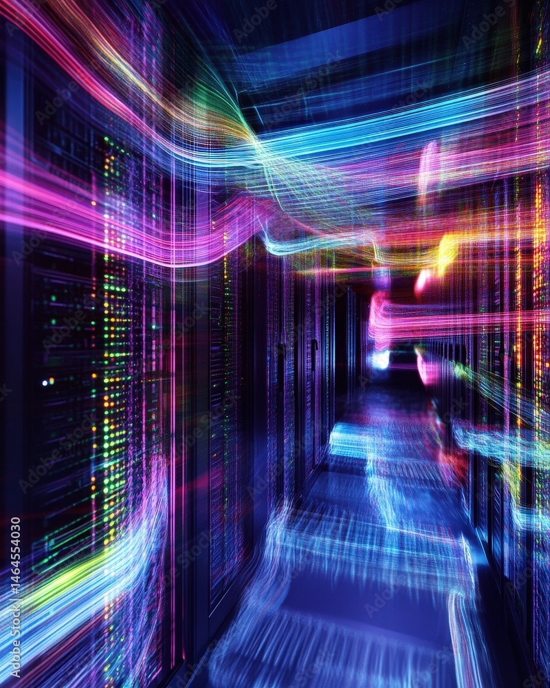 Poster modern server room featuring multiple racks of servers and efficient cooling systems for operations