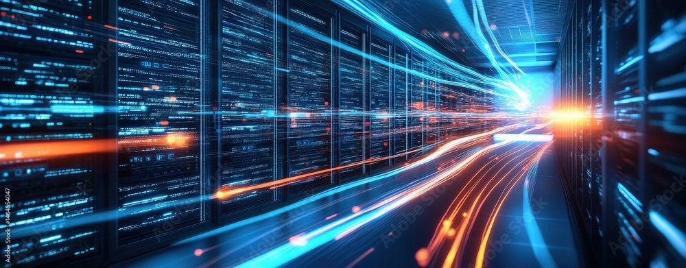 Poster advanced server setup in a secure server room with optimal conditions for equipment performance