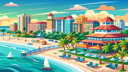Fototapeta premium Panorama of Clearwater Beach FL. Florida Beaches. Summer vacations. Beautiful View on Hotels and Resorts on Island. Turquoise color of Ocean water. American Coast or shore Gulf of Mexico. Sunny