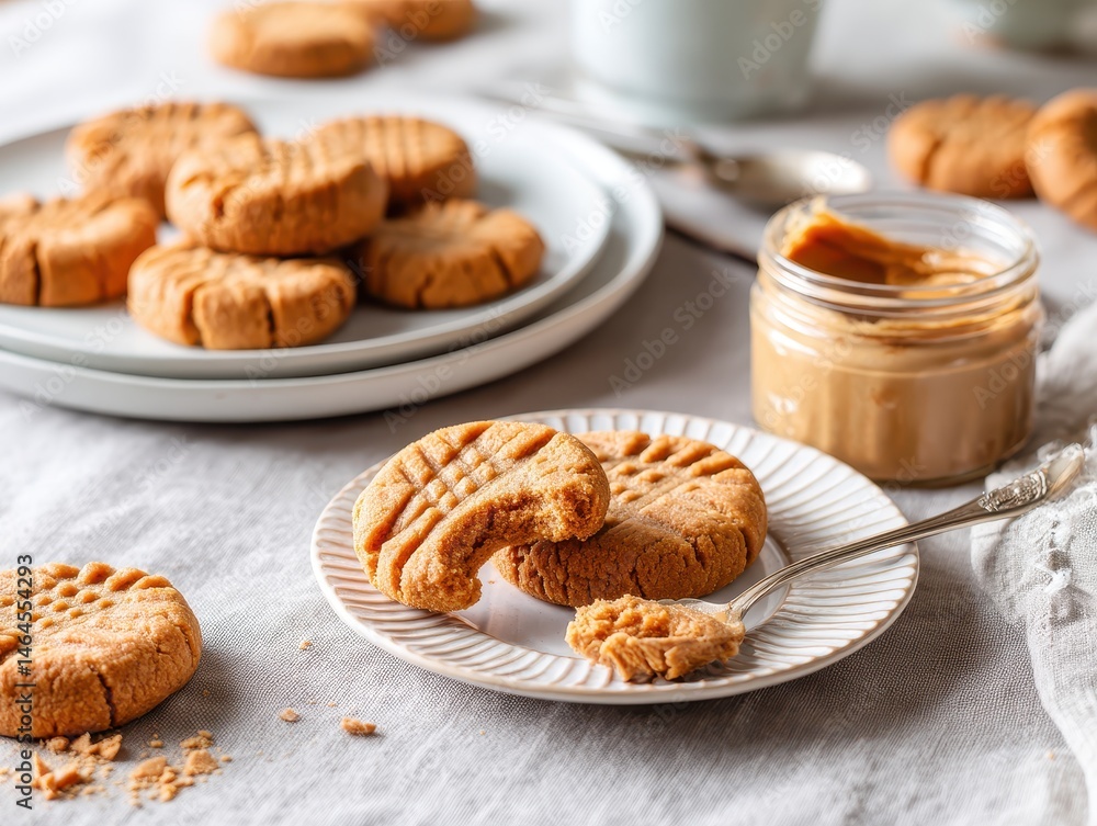 Poster delicious freshly baked peanut butter cookies arranged on a rustic table with creamy peanut butter i