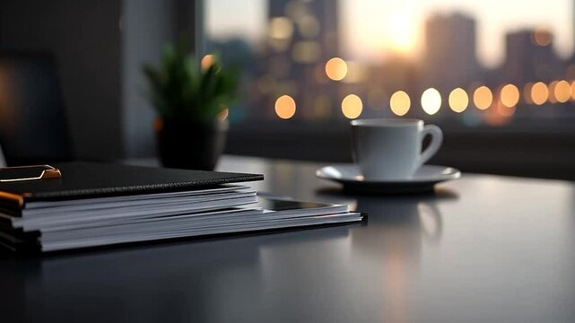 Close-up of a modern workspace featuring a laptop, documents, a coffee cup, and a blurred cityscape at sunset. Warm lighting creates a calm and productive atmosphere