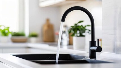 Modern kitchen faucet with running water over a stylish black sink, showcasing a clean and functional design.