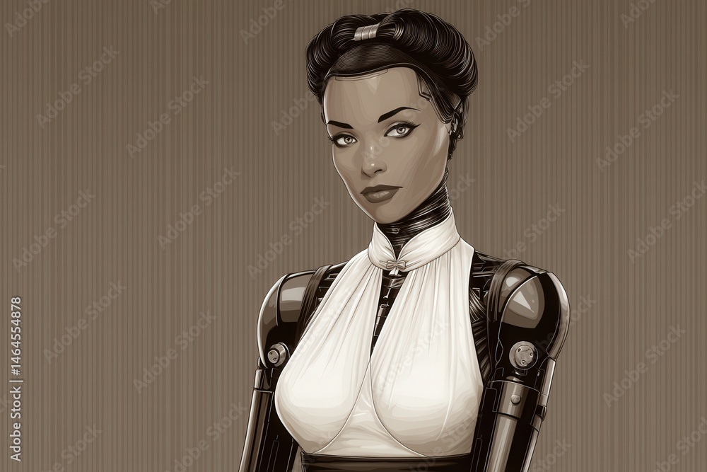 Poster portrait of a confident female robot character showcasing advanced artificial intelligence features 