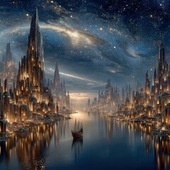 Fototapeta premium Futuristic cityscape with towering structures and a serene waterway.