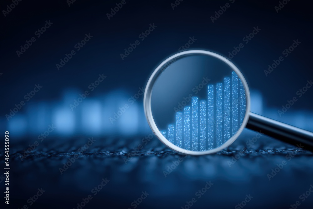 Aufkleber magnifying glass highlighting upward financial growth on a textured surface with dark blue backgroun